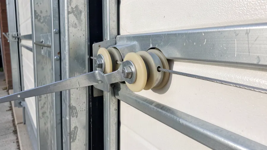 Roller door guide rails, roller and cable drum detail photographed during a survey